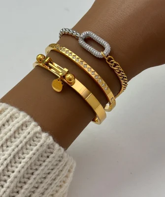 New Unique Design 18k Gold Plated Stainless Steel Two Tone Splicing Chain Oval Full Zircon Charms Bracelet for Women YF3678